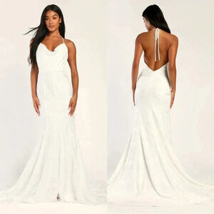 NWOT Lulus Most Romantic Moment White Lace Cowl‎ Neck Backless Maxi Dress